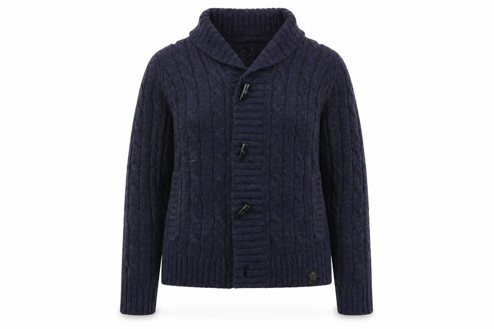 Front view of Ambrose women’s blue cardigan jumper, size L
