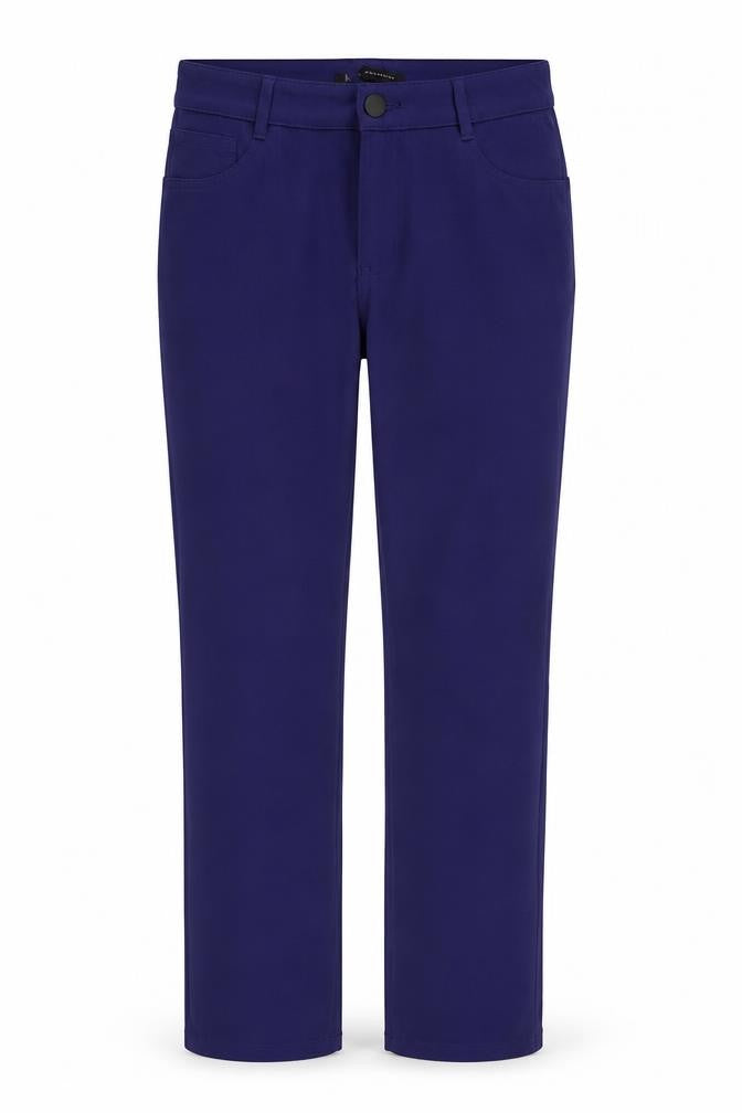 Front view of Marks & Spencer women’s blue trousers, size UK 12, 27-inch leg
