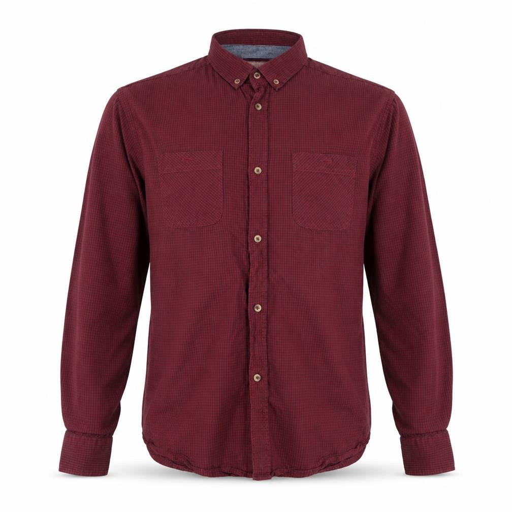 Front view of Industrialise men’s purple check button-up, size XL