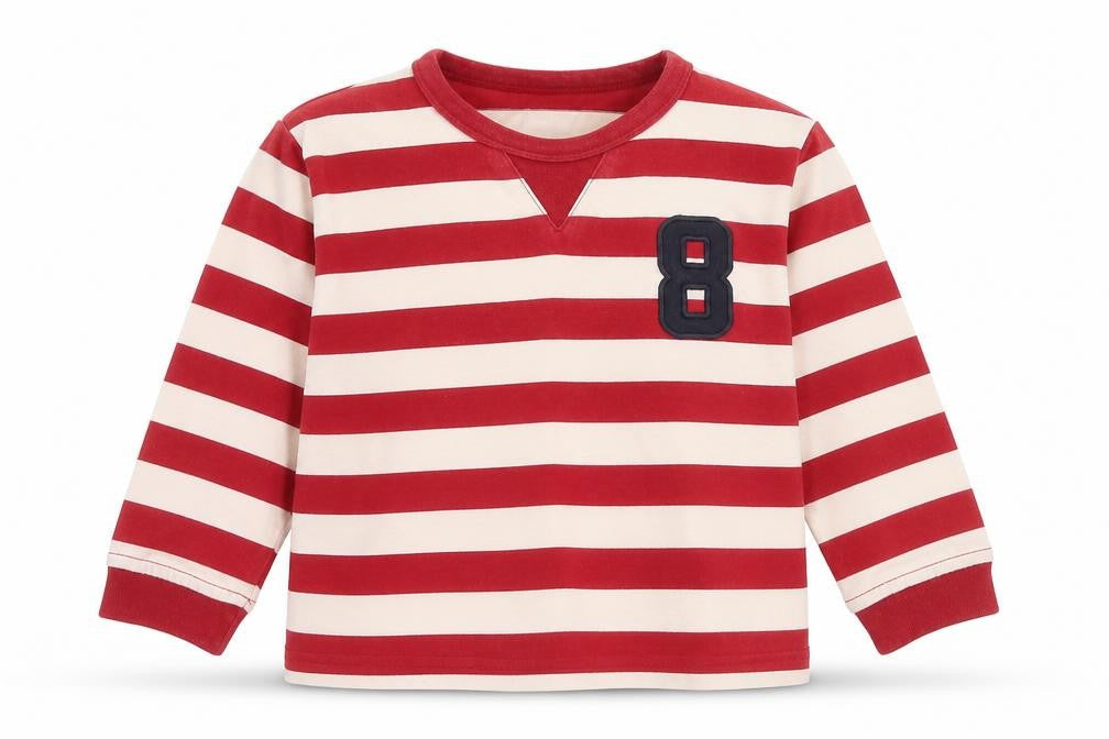 Front view of Next girls’ red striped basic t-shirt, size 9-12, months
