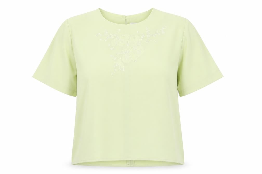Front view of Bella Moda women’s green basic blouse, size UK 12
