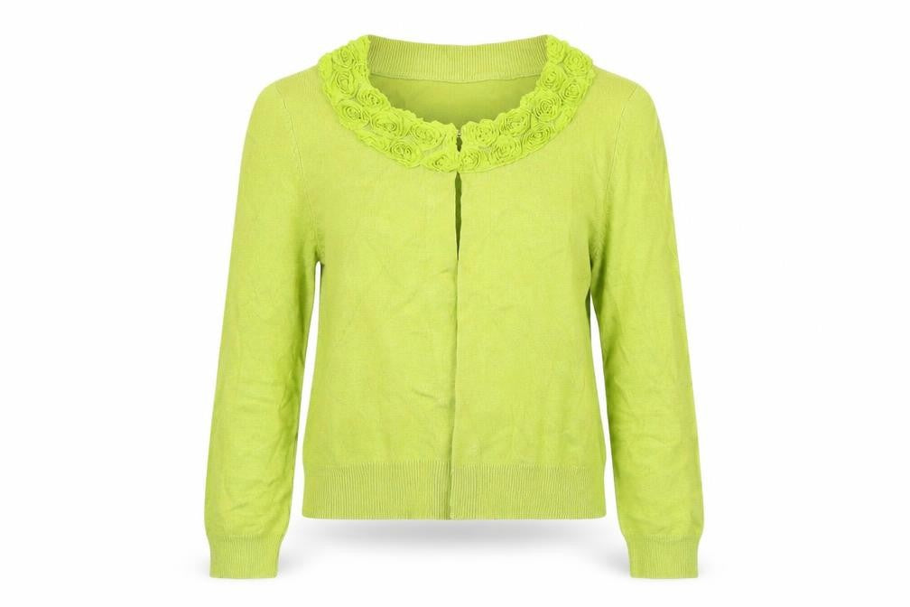 Front view of Matalan women’s green cardigan jumper, size UK 8