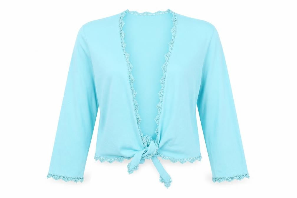 Front view of Country Casuals women’s blue cardigan jumper, size L