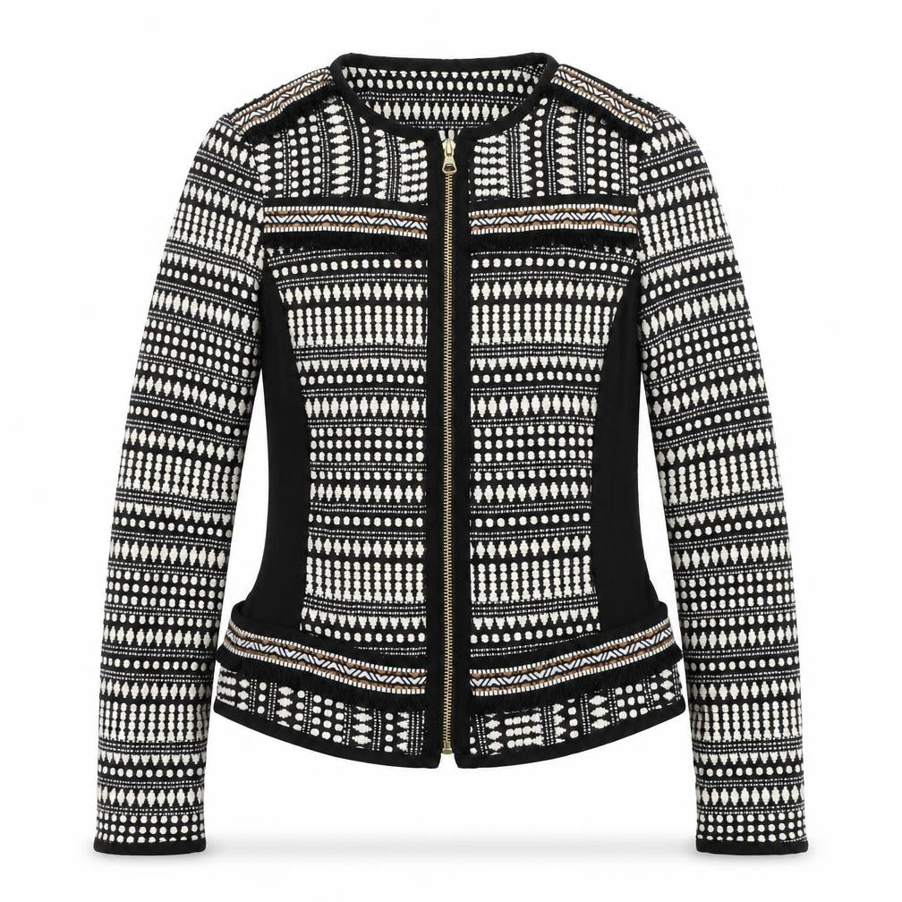 Front view of H&M women’s multicoloured argyle/diamond jacket, size UK 36