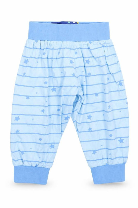 Front view of in the night garden boys’ blue striped sweatpants, size 9-12, months