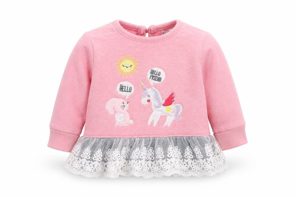 Front view of Crafted girls’ pink jumper, size 3-6, months