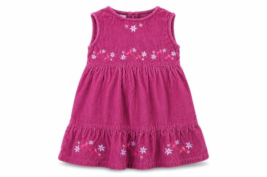 Front view of Morris mouse girls’ purple floral a-line, size 12-18, months