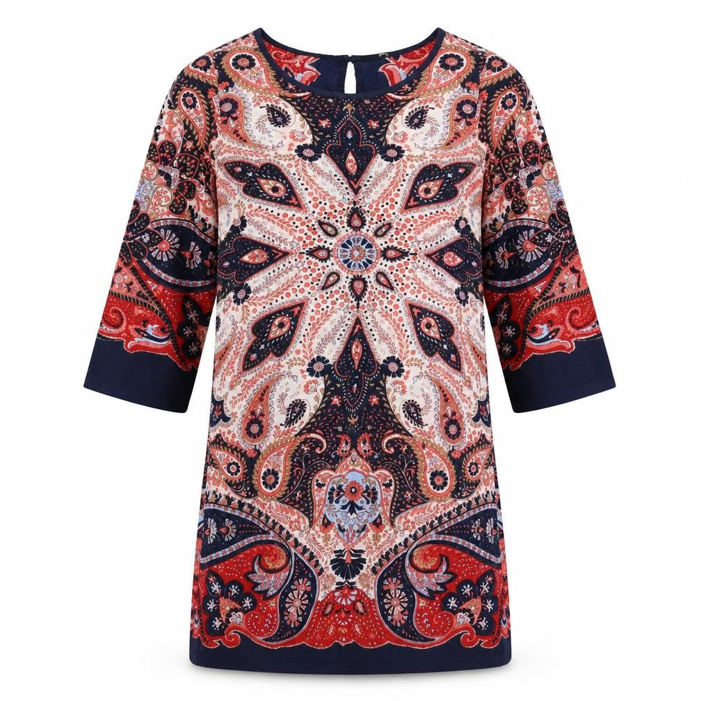 Front view of M&Co women’s blue geometric shift, size UK 10
