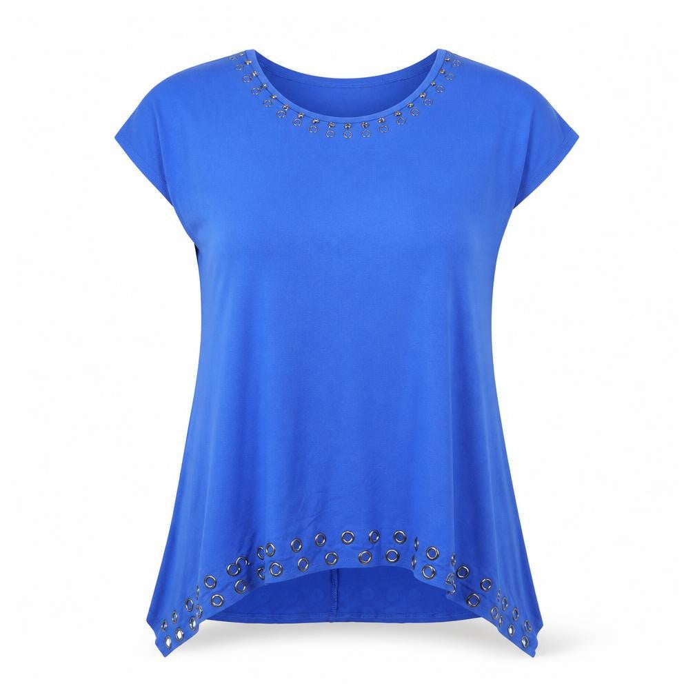 Front view of marble women’s blue basic blouse, size L