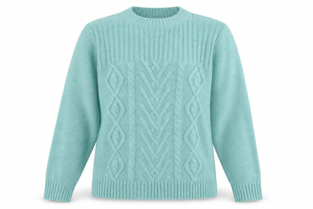 Front view of afibel women’s green jumper, size UK 14