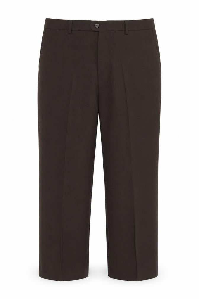 Front view of Preworn men’s brown trousers, size S, 24-inch leg