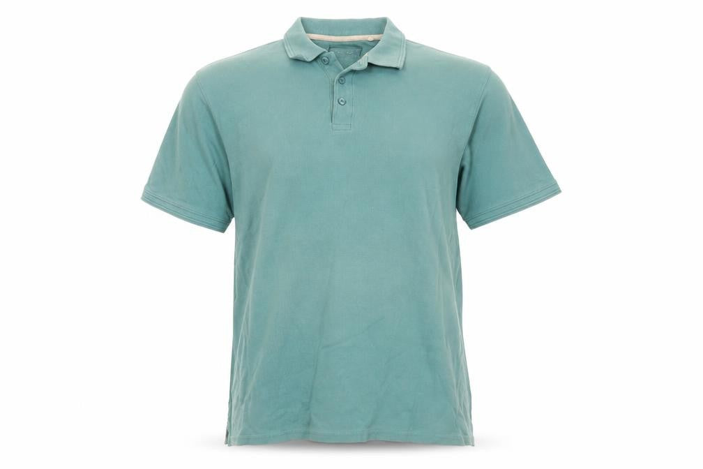 Front view of Maine New England men’s green polo, size M