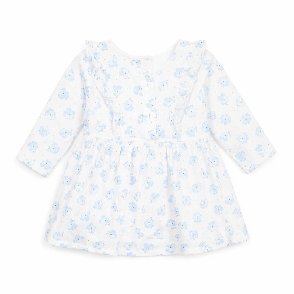 Front view of Matalan girls’ blue floral a-line, size 3-6, months