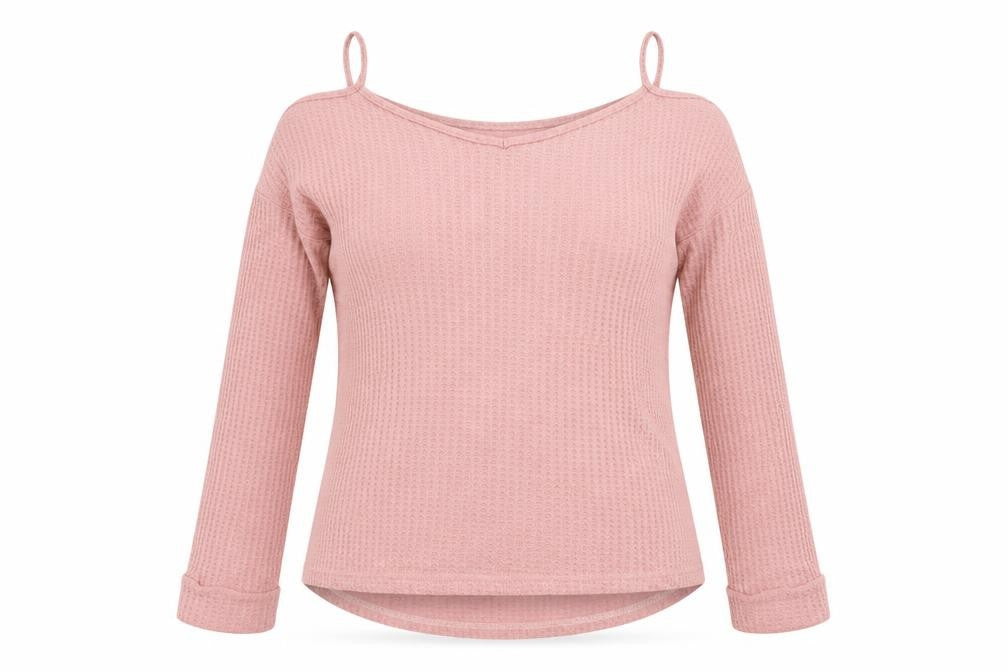 Front view of SHEIN women’s pink jumper, size UK 12, - cut out shoulders