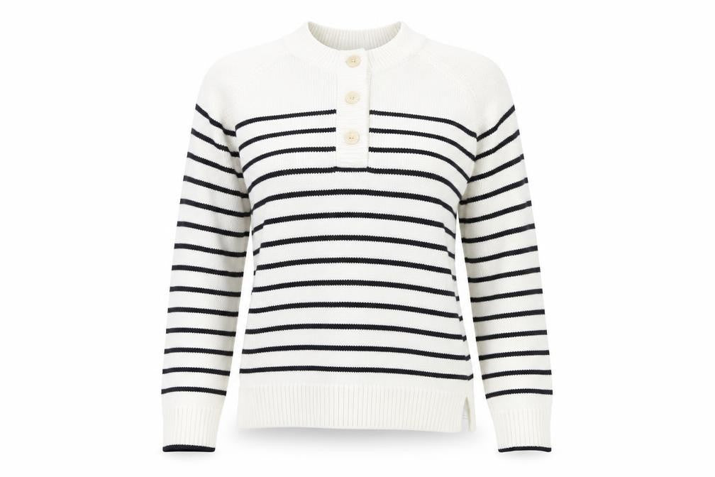 Front view of Preworn women’s multicoloured striped knit henley jumper, size S