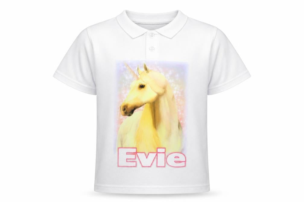 Front view of Xpres Subli girls’ white rayon basic polo, size 3-4, years - horse