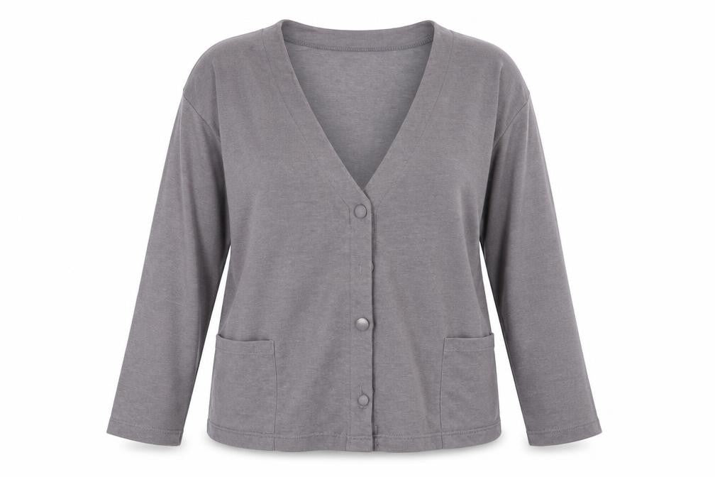 Front view of Design Essentials women’s grey cardigan jumper one size