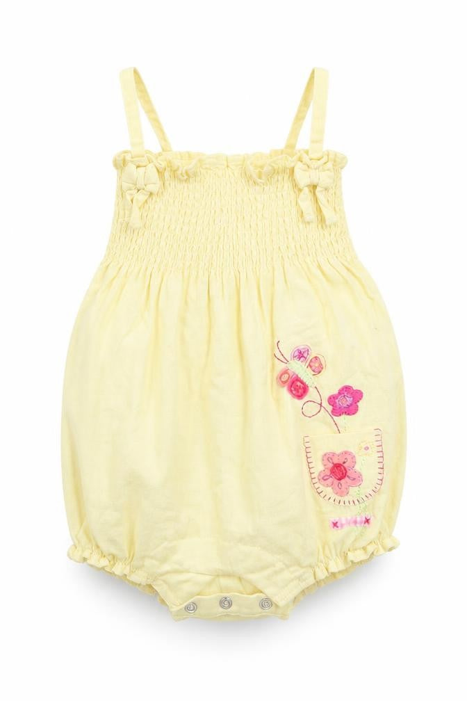 Front view of mini mode girls’ yellow floral romper one-piece, size 3-6, months