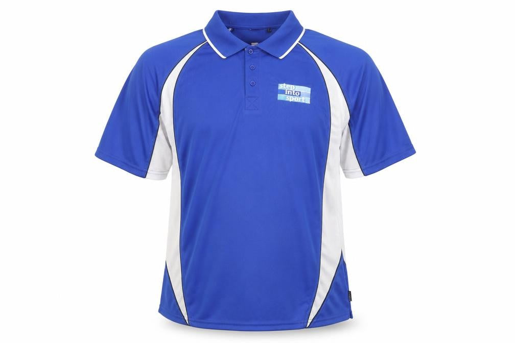 Front view of Preworn men’s blue polo, size L