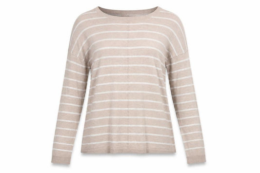 Front view of Atmosphere women’s beige striped jumper, size UK 10