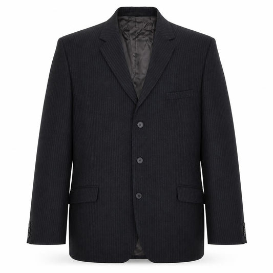 Front view of Burleigh men’s blue striped jacket suit jacket, size 44