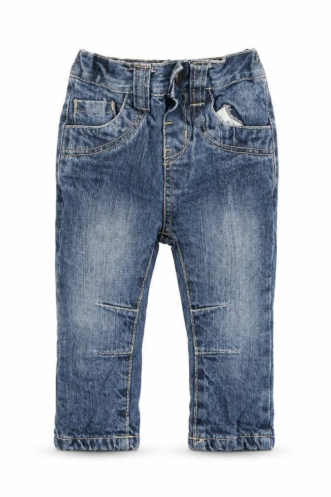 Front view of Rebel boys’ blue denim cargo jeans, size 9-12, months