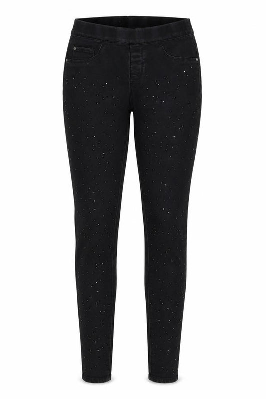 Front view of women’s black denim jegging jeans, size UK 26, in, 30-inch leg