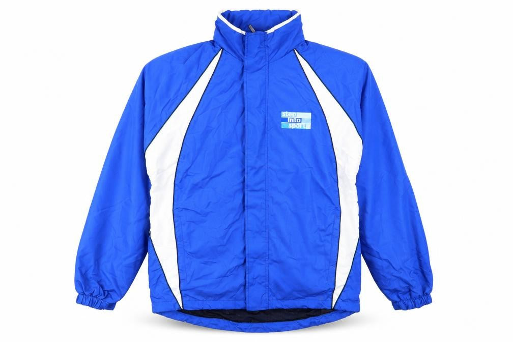 Front view of mushini men’s blue jacket coat, size M