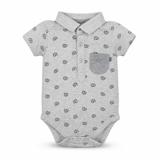 Front view of George Baby Grey Animal Print Babygrow One-Piece, size 6-9, Months