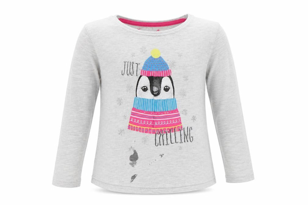 Front view of Primark girls’ grey top pyjama top, size 2-3, years - penguin
