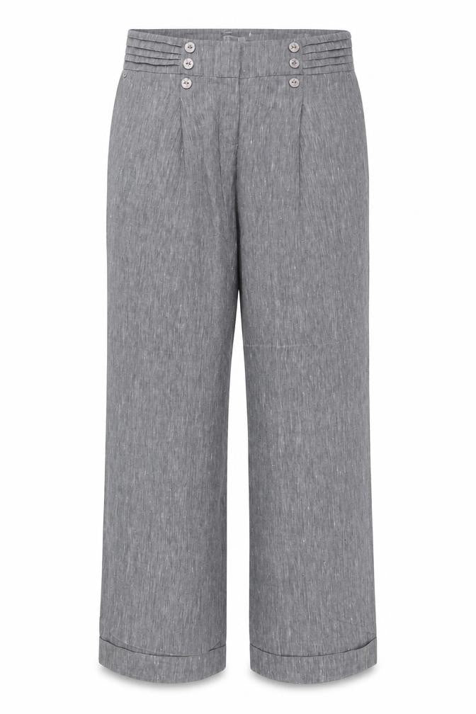 Front view of Preworn women’s grey trousers, size UK 33, in, 32-inch leg