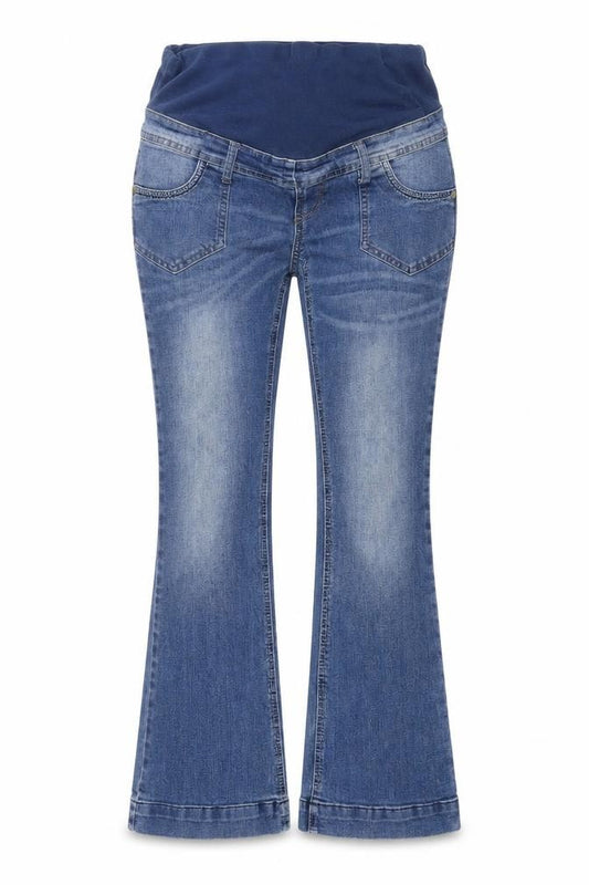 Front view of women’s blue denim bootcut jeans, size UK 30, in, 30-inch leg