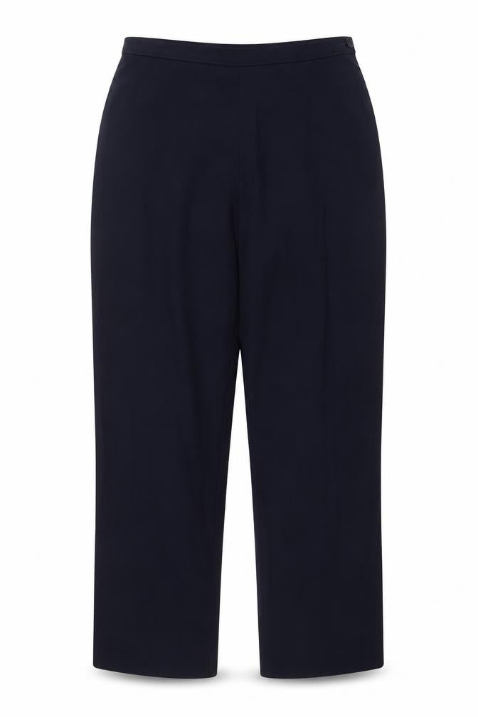 Front view of Marks & Spencer women’s blue trousers, size UK 16, 26-inch leg