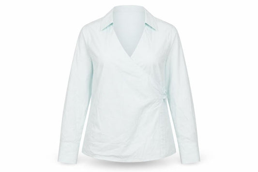 Front view of mamas & papas women’s green wrap blouse, size UK 12