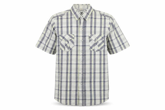 Front view of Company 81 men’s beige check button-up, size XL