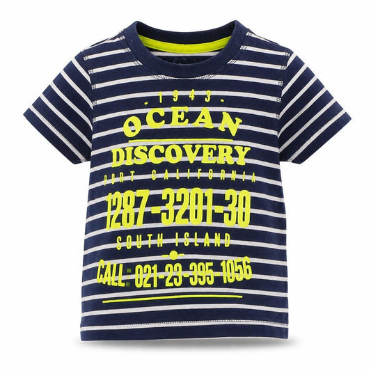 Front view of F&F Baby Blue Striped Basic T-Shirt, size 12-18, Months