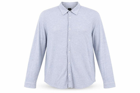Front view of H&M men’s blue button-up, size XL, - muscle fit