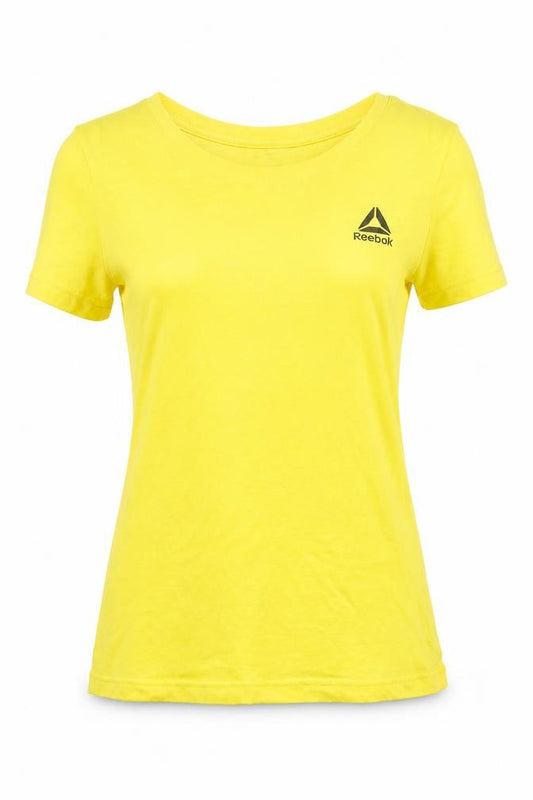 Front view of Reebok women’s yellow basic t-shirt, size S