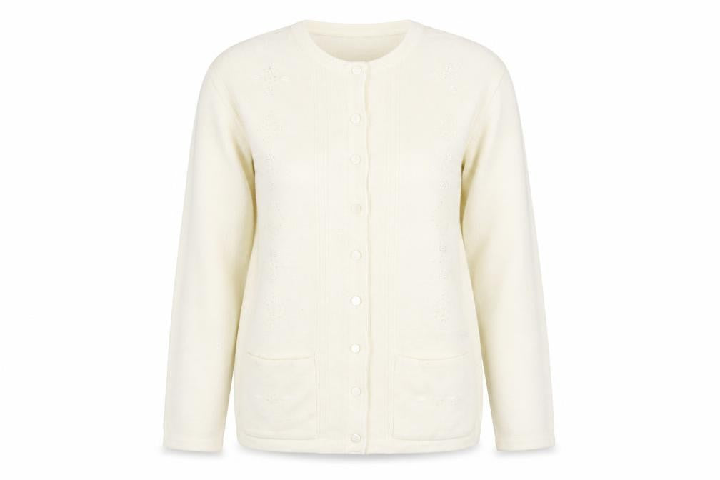 Front view of MISSLEY women’s ivory knit cardigan jumper, size S