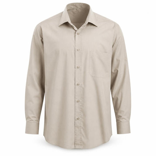 Front view of Zantos men’s beige button-up, size 14.5