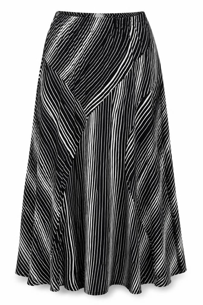 Front view of ELVI women’s multicoloured striped maxi skirt, size UK 36, in