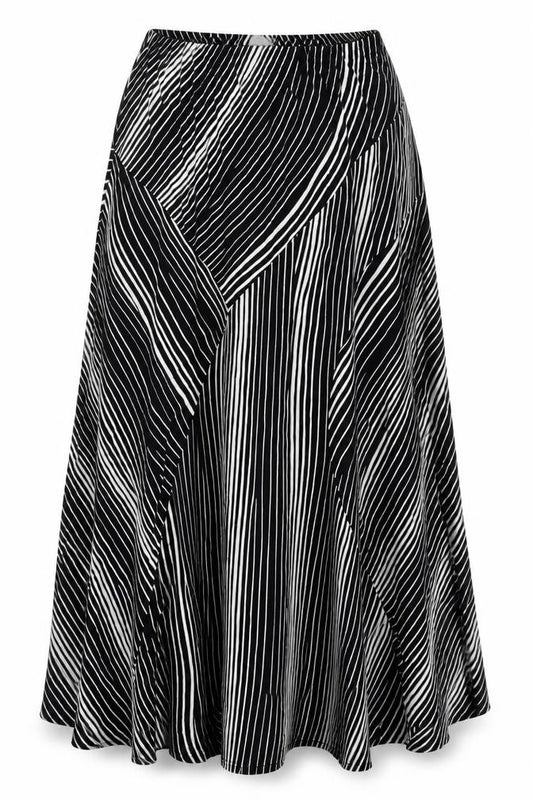 Front view of ELVI women’s multicoloured striped maxi skirt, size UK 36, in