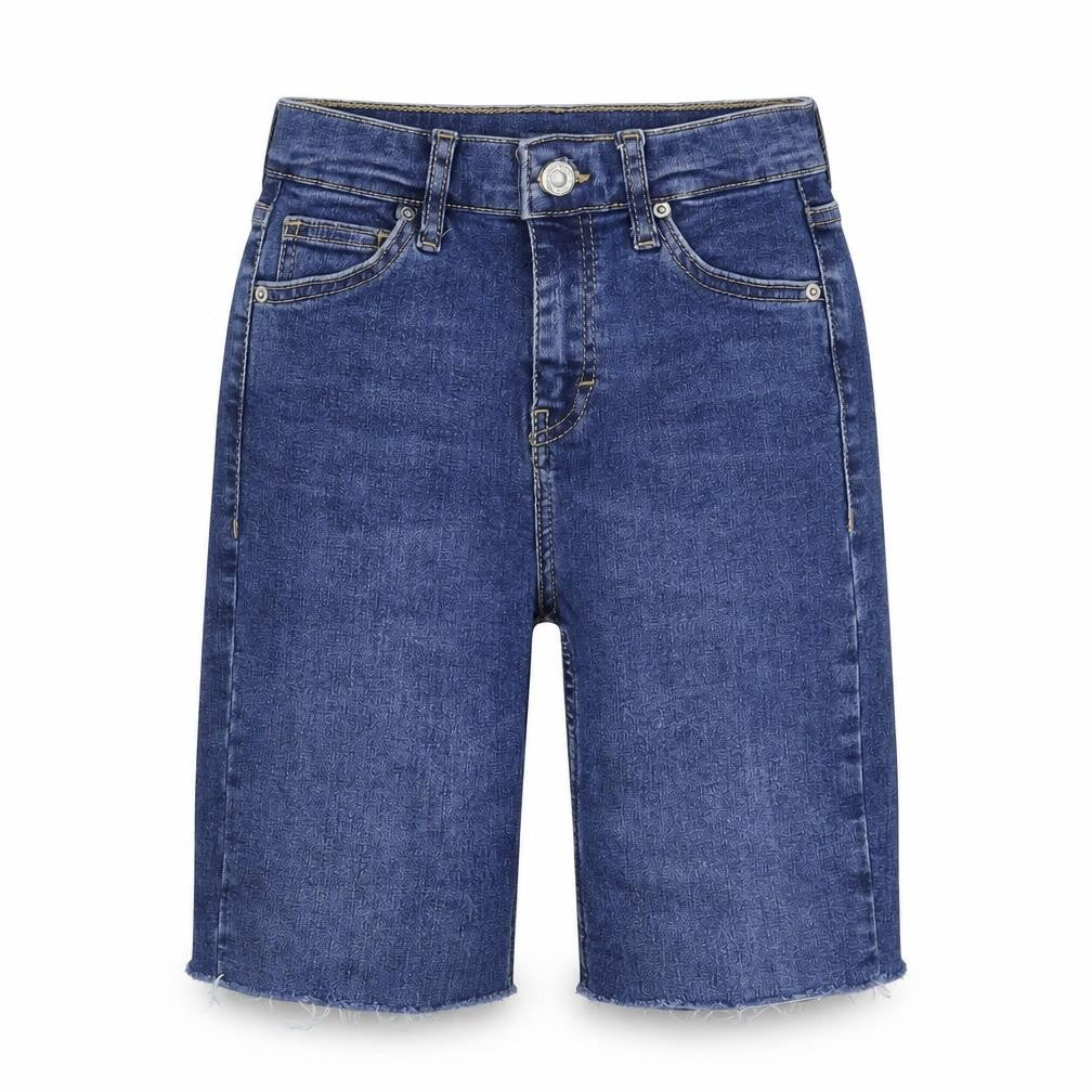 Front view of Topshop women’s blue denim bermuda shorts, size UK 25, in