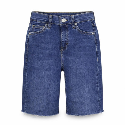 Front view of Topshop women’s blue denim bermuda shorts, size UK 25, in
