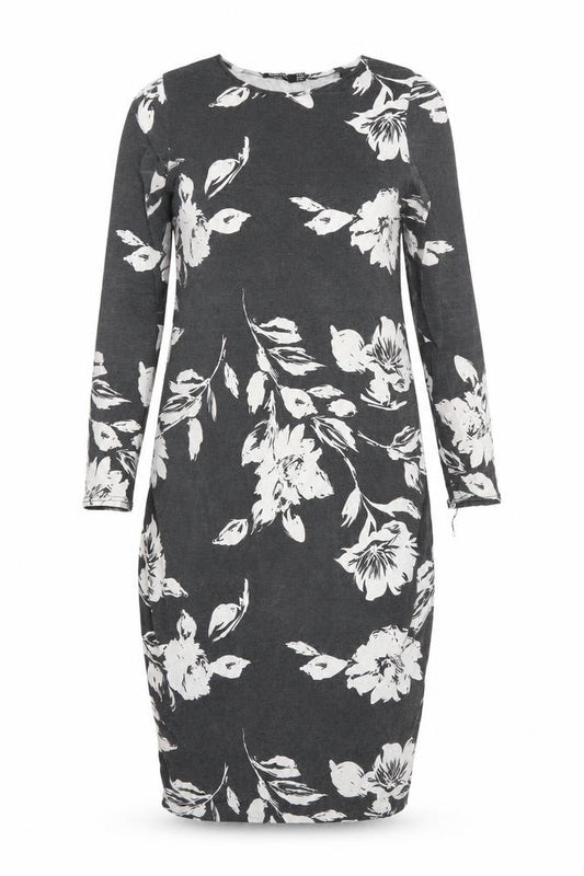 Front view of Boohoo women’s grey floral a-line, size UK 14