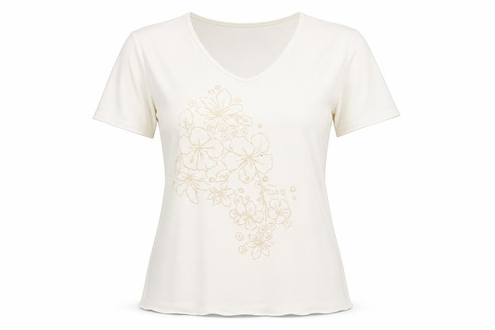 Front view of Mega Design women’s ivory floral basic t-shirt, size M, -, size M/l