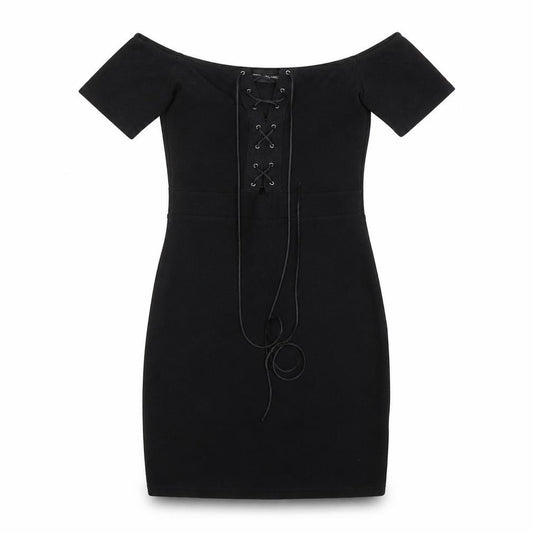 Front view of PRETTYLITTLETHING women’s black wrap dress, size S