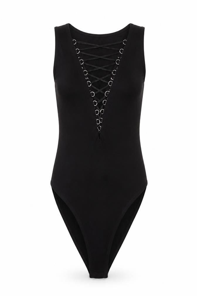 Front view of Missguided women’s black catsuit one-piece, size UK 8