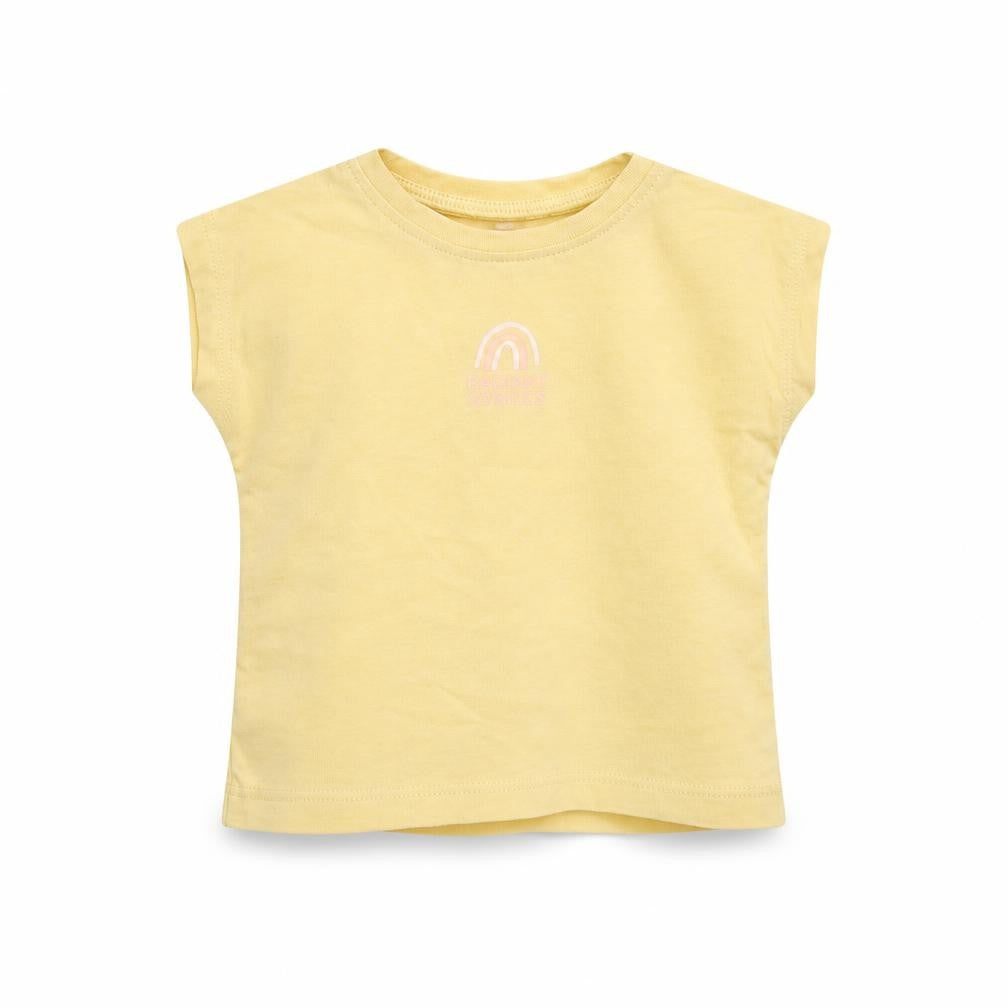 Front view of George girls’ yellow basic t-shirt, size 0-3, months - rainbow