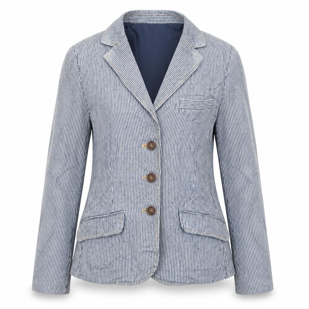 Front view of H&M women’s blue striped jacket blazer, size UK 10